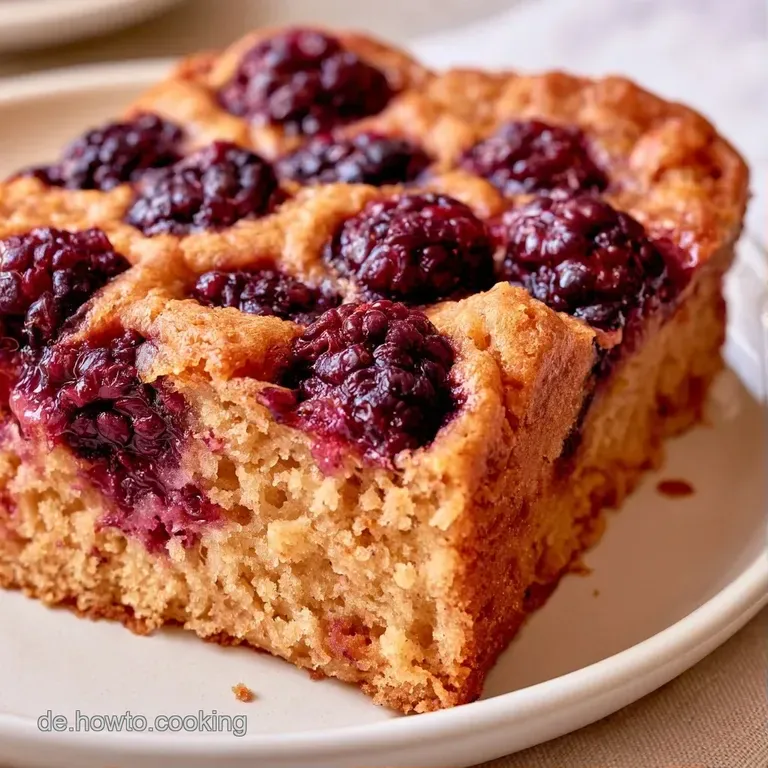 Ein St&uuml;ck dunkler Beerenkuchen auf einem wei&szlig;en Teller, garniert mit frischen Brombeeren und feinem Puderzucker.