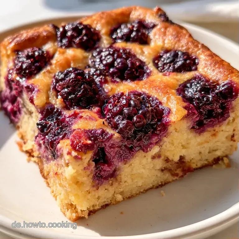 Cremiges St&uuml;ck Brombeerkuchen auf wei&szlig;em Porzellan, garniert mit einer frischen Minzspitze und gl&auml;nzenden Beeren.