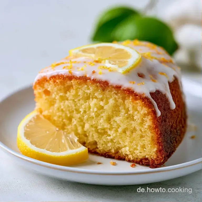 Ein St&uuml;ck hellgelber, lockerer Kuchen auf wei&szlig;em Porzellan, garniert mit frischen Zitronenscheiben und Minzblatt.