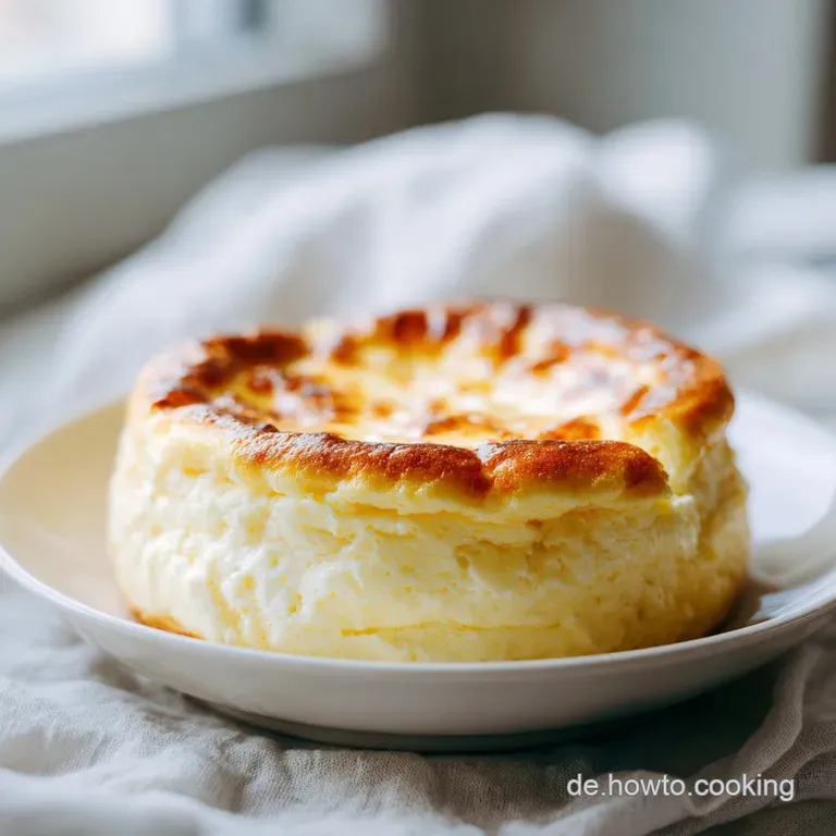 Creamy cheesecake slice on a white plate, drizzled with berry compote and dusted with powdered sugar.