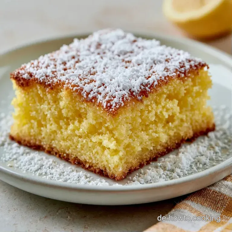 Mehrere hellgelbe Kuchenst&uuml;cke auf einer wei&szlig;en Platte, best&auml;ubt mit Puderzucker und garniert mit einer Zitronenscheibe.