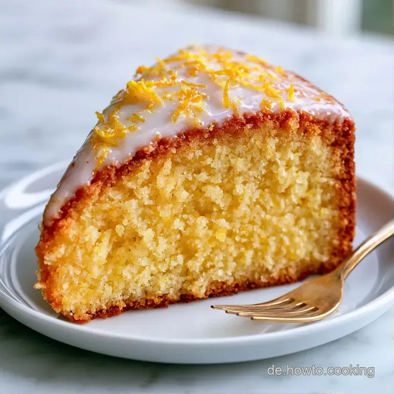 Ein hellgelbes Kuchenst&uuml;ck auf einem wei&szlig;en Porzellanteller, garniert mit frischen Zitronenscheiben und Minze.