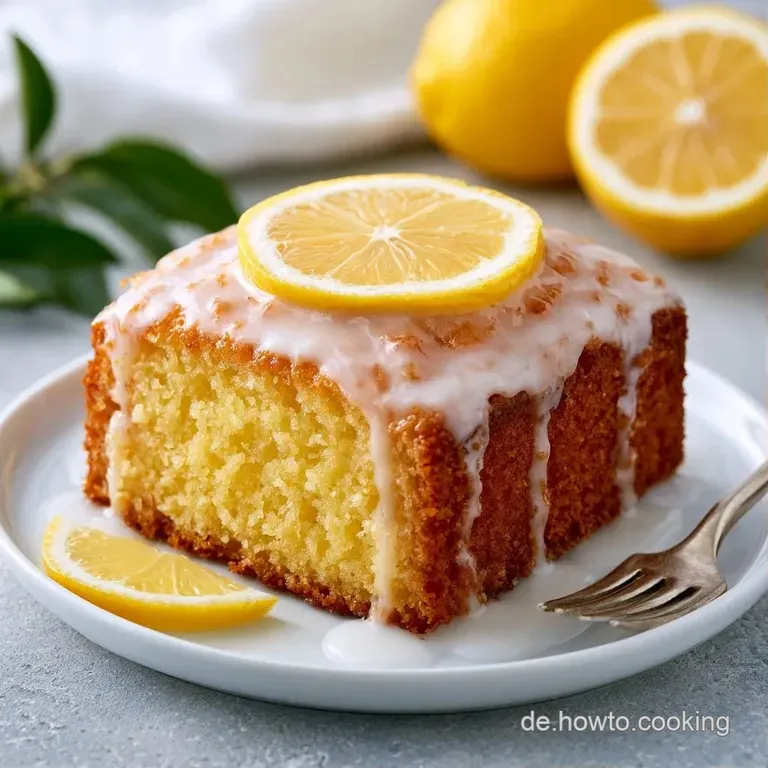 Ein St&uuml;ck saftiger, heller Kuchen auf einem wei&szlig;en Porzellanteller, garniert mit einer gr&uuml;nen Minzspitze.