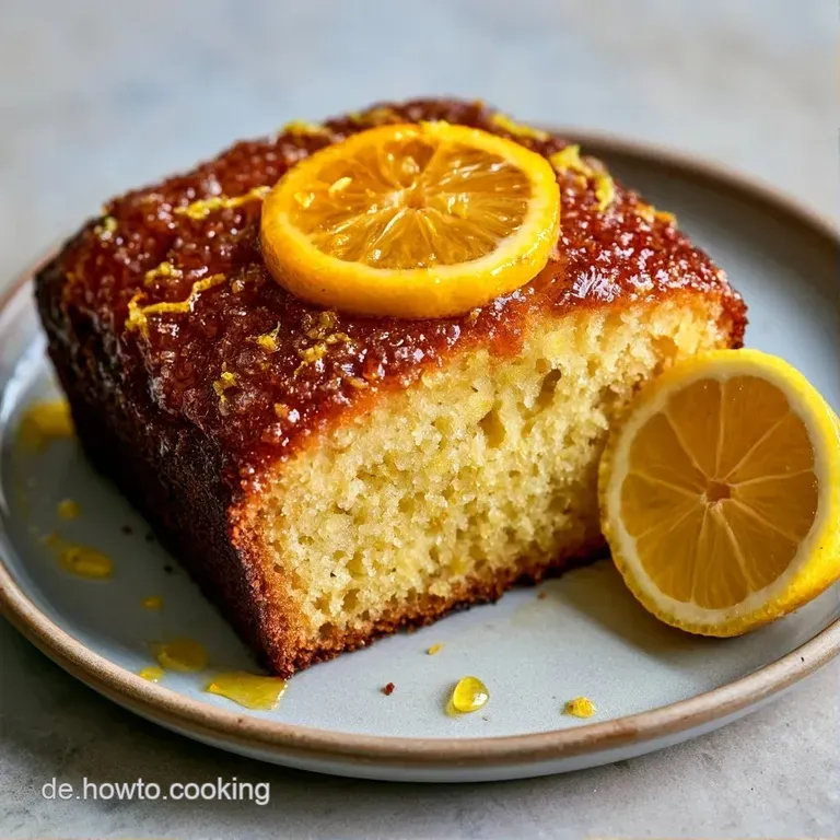 Ein luftiges St&uuml;ck gelber Kuchen auf einem wei&szlig;en Porzellanteller, garniert mit einem Klecks Sahne und Zitronenabrieb.