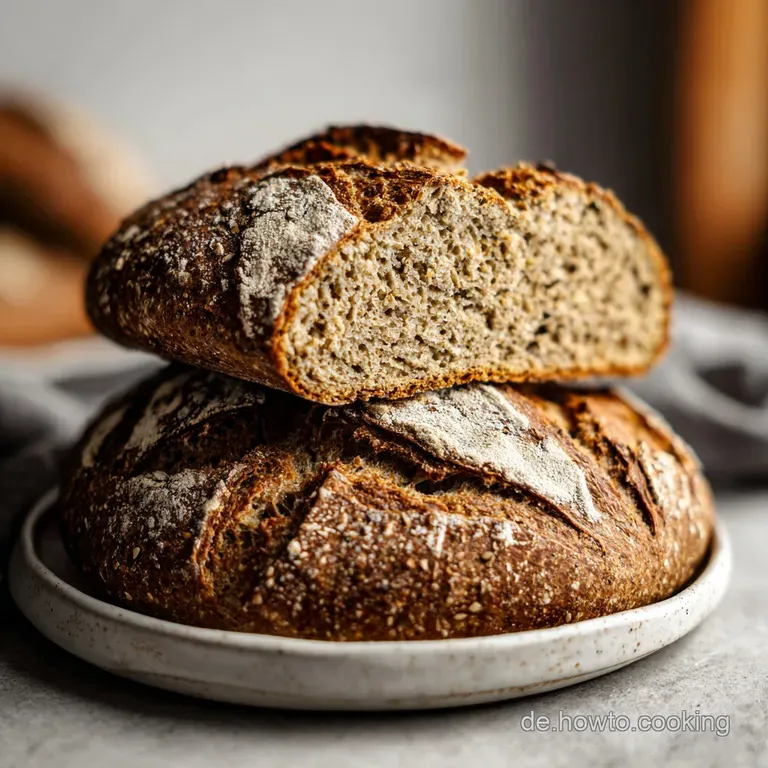 A thick slice of dark bread, perfectly toasted, artfully arranged with fresh herbs and a drizzle.
