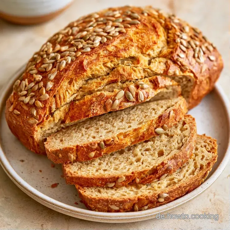 Aufgeschnittene, grobk&ouml;rnige dunkle Brotscheiben auf einer wei&szlig;en Platte, erg&auml;nzt durch weiche Butter und Kr&auml;uter.