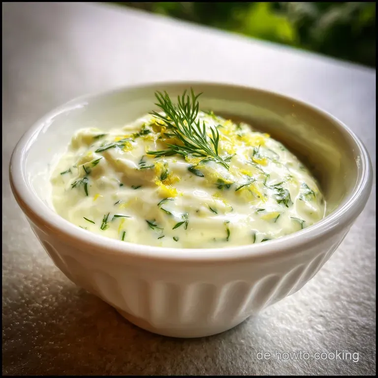Dollops of bright, creamy tartar sauce artfully arranged next to golden fried fish. Garnish of fresh dill sprigs adds a po...