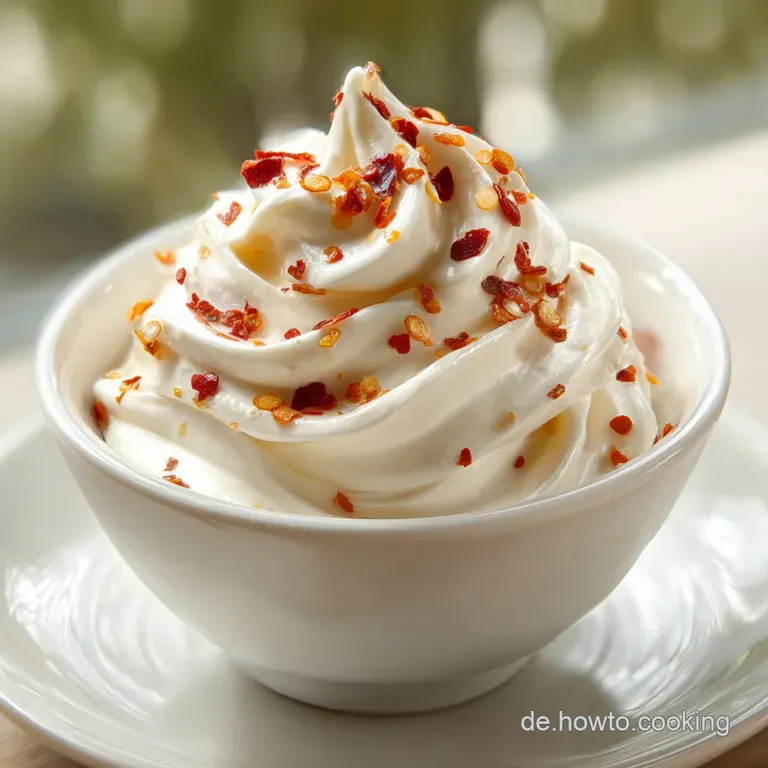 Ein kleines Glas mit glatter, orangefarbener Sauce neben goldbraunem Fladenbrot auf einem rustikalen Holzteller.