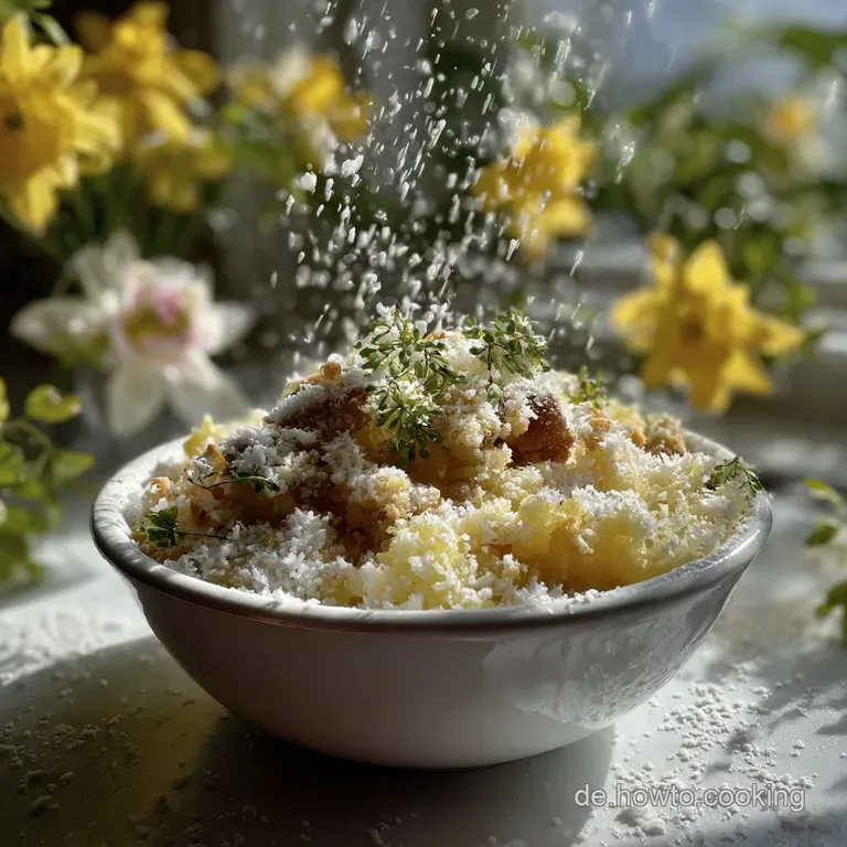 Elegant, creamy swirl of Schneegest&ouml;ber presented in a shallow bowl, accented with a contrasting dark garnish, and gentle ...