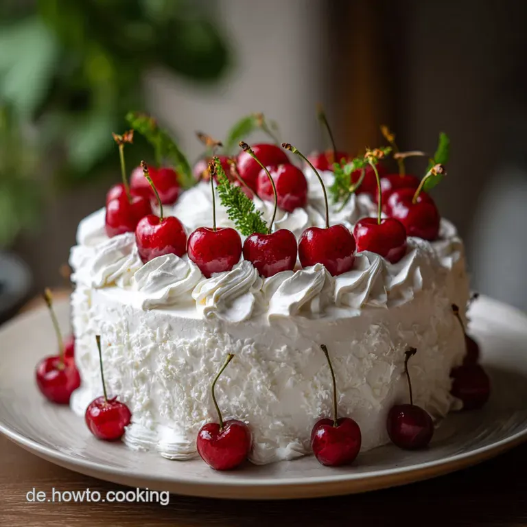 Slice of layered cake with airy, whipped cream frosting. Served on a white plate with a dusting of confectioner's sugar. D...