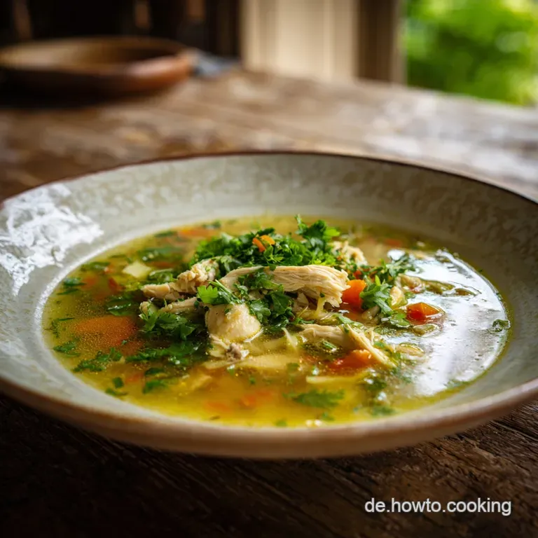 Elegant bowl of steaming chicken soup with vibrant vegetables, tender chicken, and fresh herb garnish, ready to be savored.