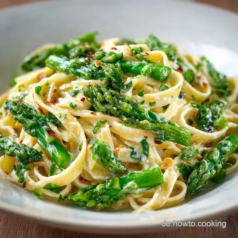 Elegant angerichtete Nudeln mit zarten, gr&uuml;nen Spargelspitzen, gl&auml;nzender Sauce und frischen Kr&auml;utern auf Keramik.