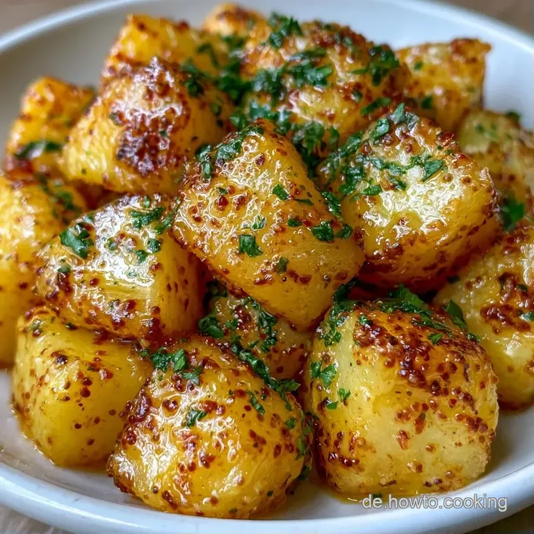 Ein wei&szlig;er Porzellanteller pr&auml;sentiert aufgeschlagene Kartoffelst&uuml;cke in cremiger Sauce, garniert mit frischen Kr&auml;utern.