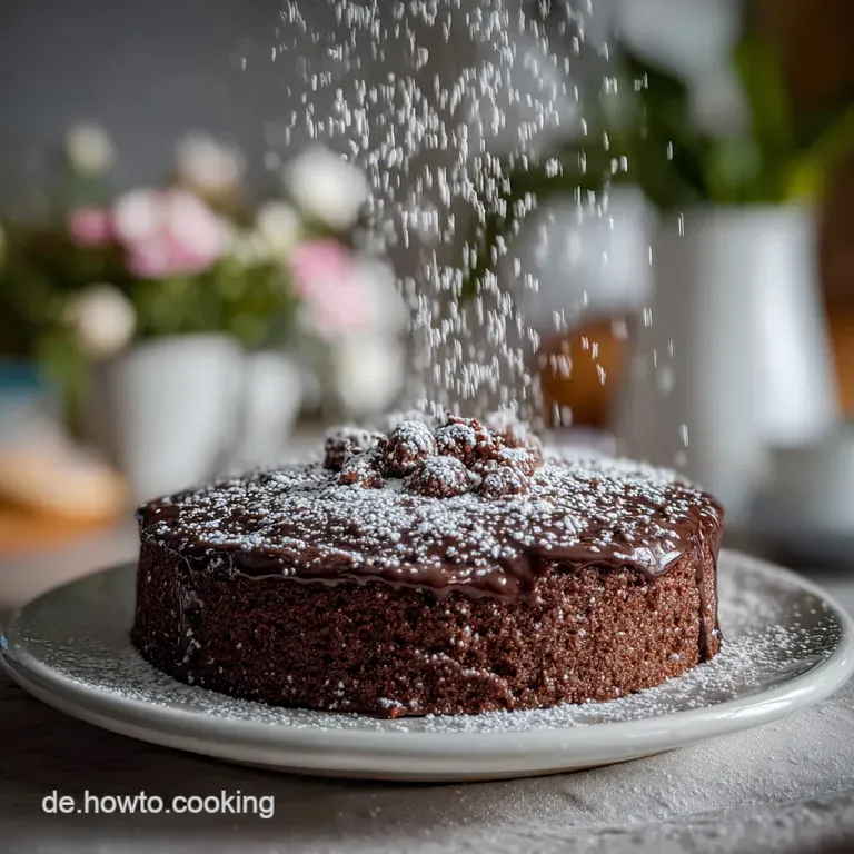 Chocolate quark cake slice with a dusting of confectioner's sugar on a white plate, inviting and delicious.