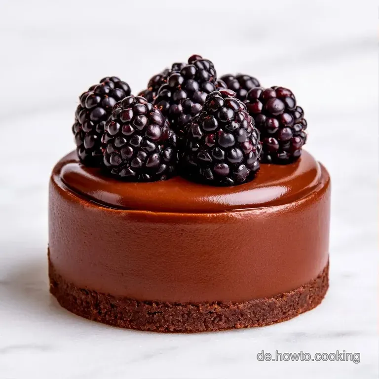 Drei glatte Schokobecher mit frischen Brombeeren auf einem wei&szlig;en Porzellanteller, minimalistisch arrangiert.