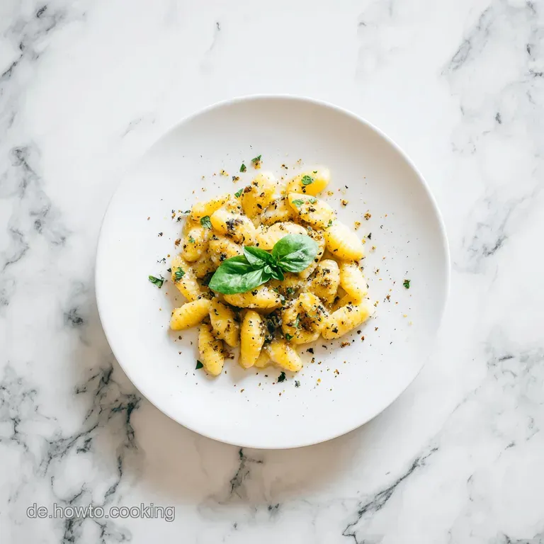 Plated schupfnudeln: Rich Gorgonzola sauce clings to the pasta, flecked with herbs and savory ground meat.