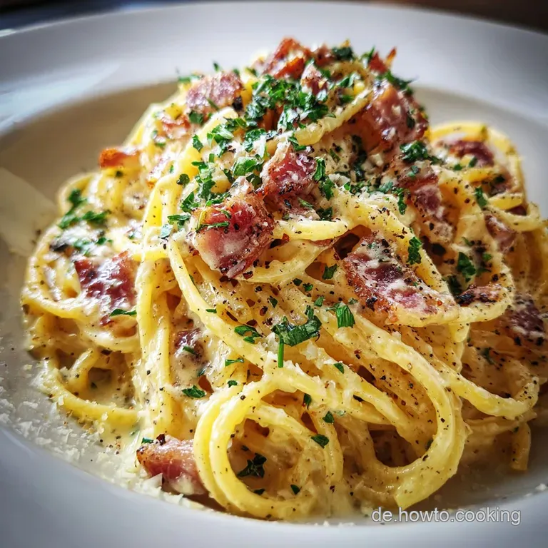Elegant swirl of carbonara in a shallow bowl. Topped with a poached egg and grated parmesan. Fresh herbs sprinkled.