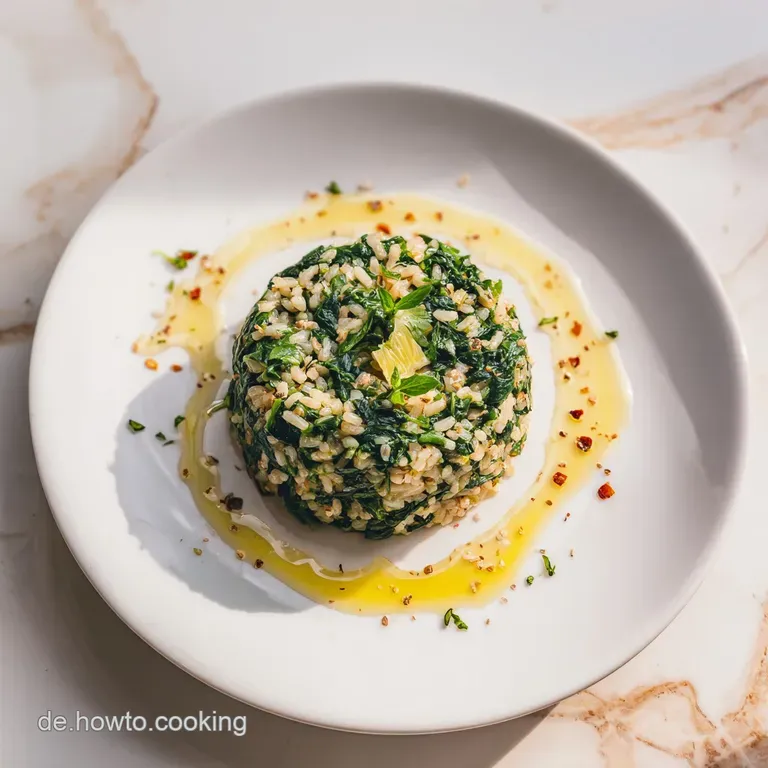 A rustic earthenware bowl filled with emerald spinach and pearly rice, garnished with a lemon wedge.