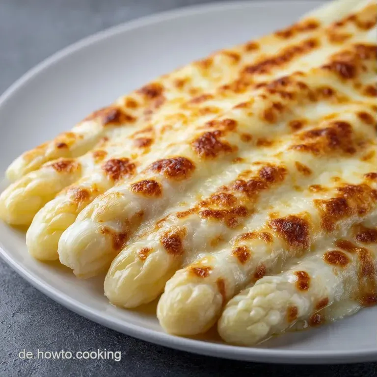Cremiger, &uuml;berbackener Spargel auf einem modernen Teller, garniert mit frischen Kr&auml;utern auf hellem Hintergrund.