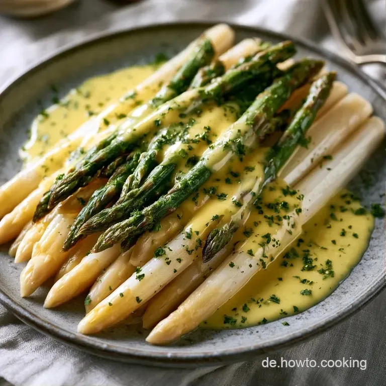 Symmetrisch angeordnete gr&uuml;ne Spargelstangen auf einer Servierplatte, &uuml;berzogen mit samtiger, goldgelber Sauce.