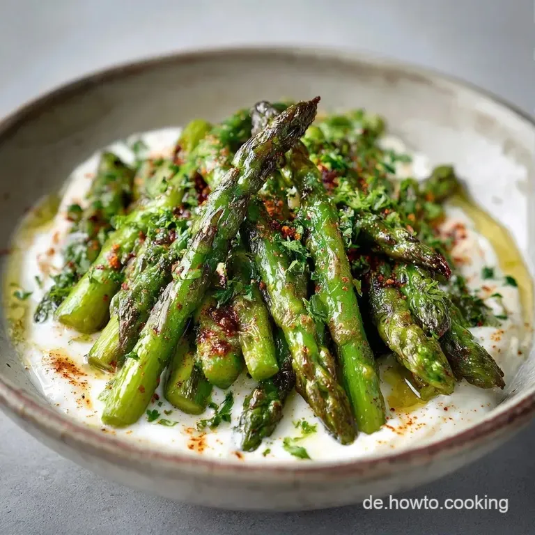 Hellgr&uuml;ner Spargel auf einer wei&szlig;en Platte, kombiniert mit cremigem wei&szlig;em Joghurt und einer frischen Zitronenspalte.