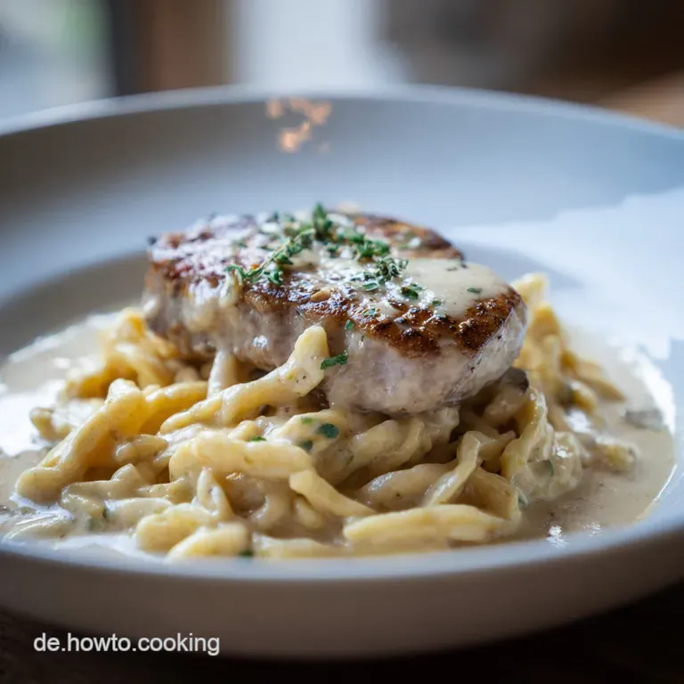 Elegant angerichtet: Saftiges Fleisch auf weichen Eiernudeln, &uuml;berzogen mit s&auml;miger brauner So&szlig;e auf wei&szlig;em Porzellan.