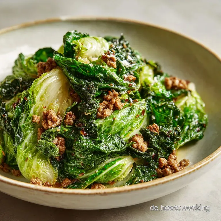 A steaming mound of ground meat and cabbage, with crispy edges, piled on a plate and garnished with fresh herbs.