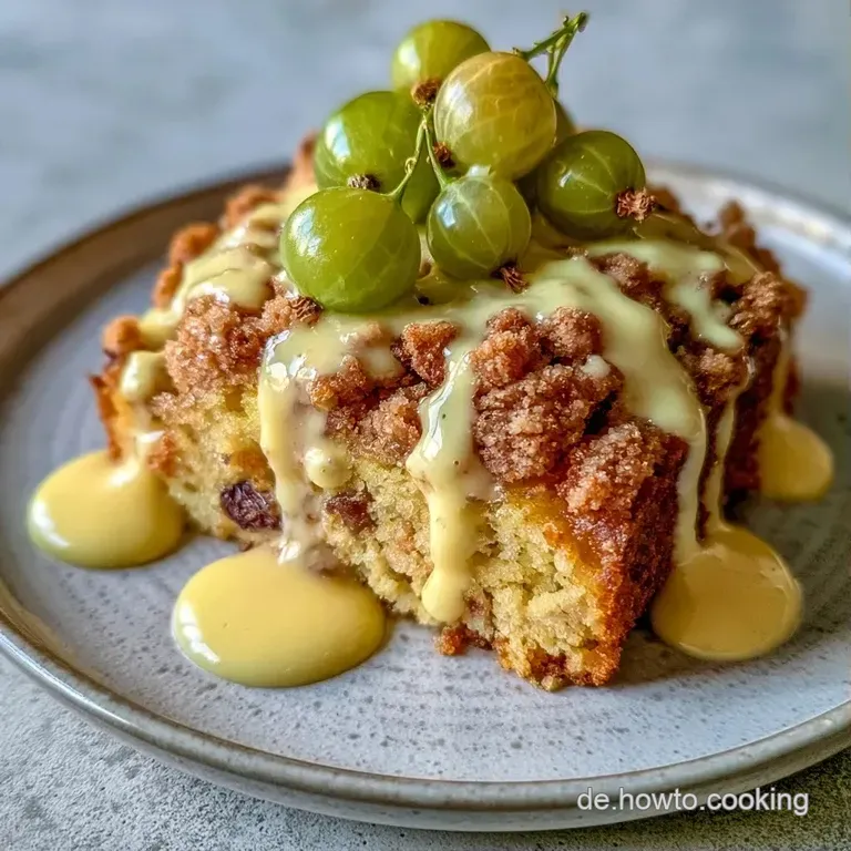 Ein St&uuml;ck goldgelber Kuchen mit Schichten aus cremigem Pudding und gr&uuml;nen Beeren auf einem wei&szlig;en Porzellanteller.