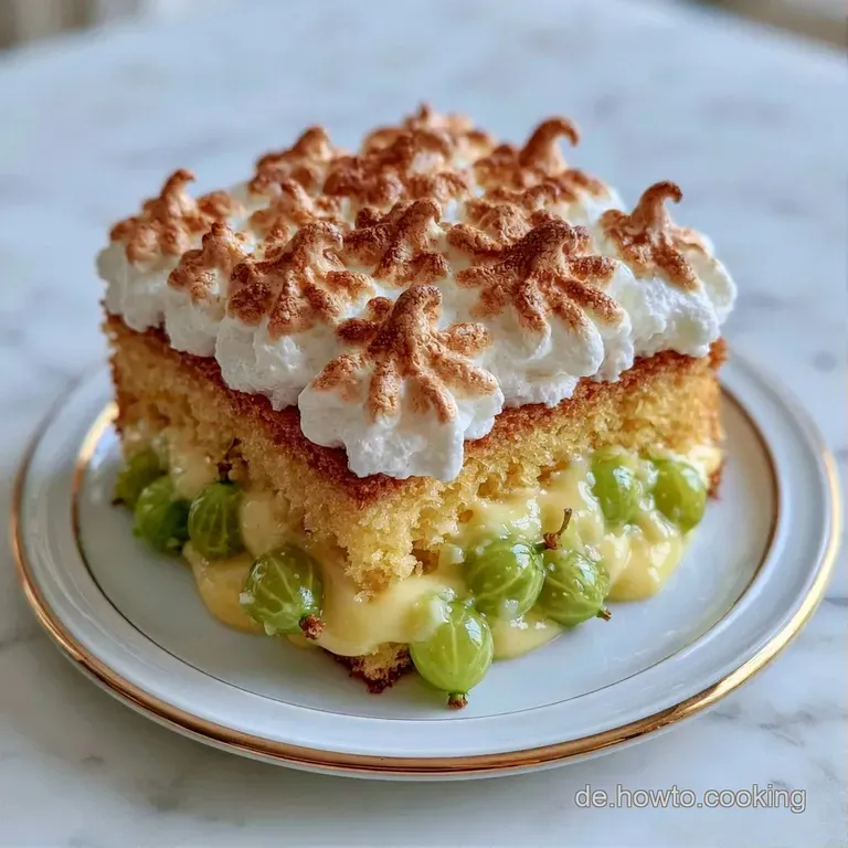 Ein cremiges Kuchenst&uuml;ck auf wei&szlig;em Porzellan, gekr&ouml;nt von luftigem Baiser und gl&auml;nzenden, s&auml;uerlichen Stachelbeeren.
