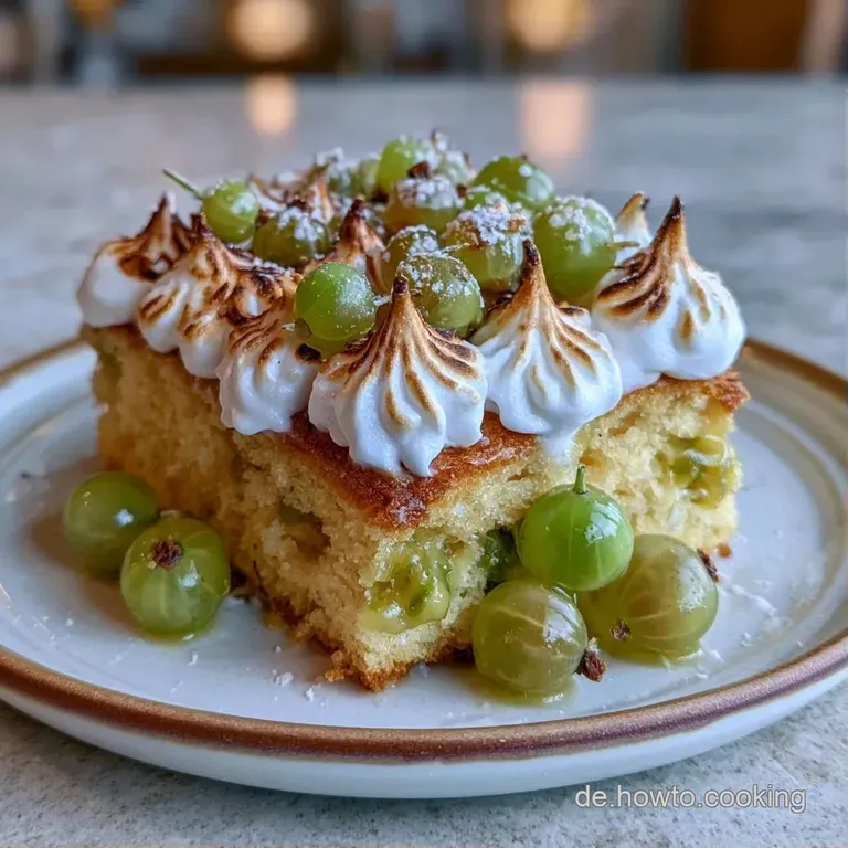 Ein St&uuml;ck goldener Kuchen mit fluffigem Baiser auf wei&szlig;em Porzellan, flankiert von frischen, gr&uuml;nen Beeren.
