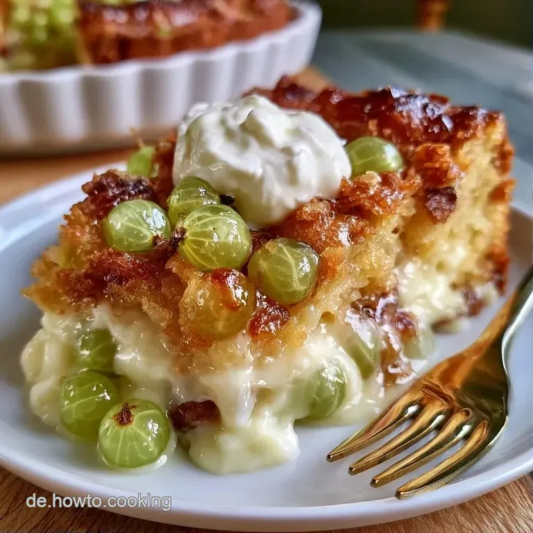 Ein goldgelbes Kuchenst&uuml;ck auf wei&szlig;em Porzellan, garniert mit einer cremigen Sahnehaube und frischen gr&uuml;nen Beeren.