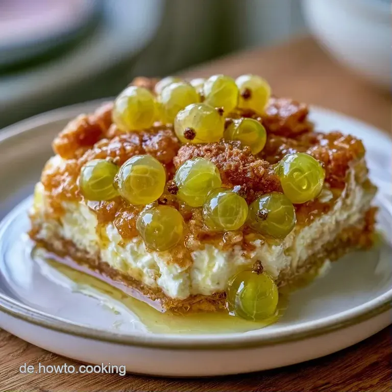 Ein cremiges Kuchenst&uuml;ck auf einem wei&szlig;en Porzellanteller, garniert mit frischen Beeren und einem Hauch Puderzucker.