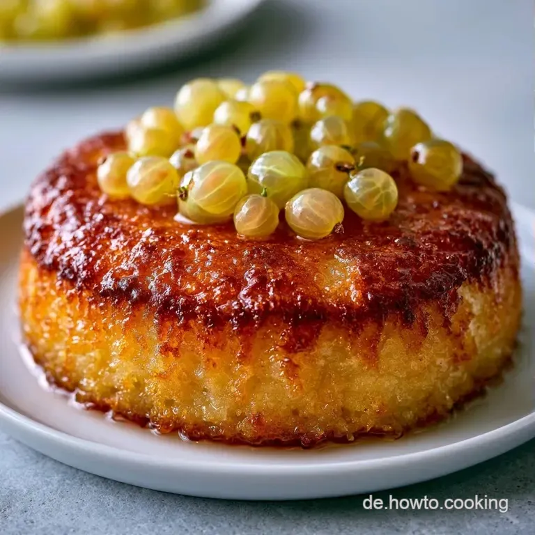 Ein St&uuml;ck Obstkuchen auf wei&szlig;em Porzellan mit goldgelben Kr&uuml;meln und saftigen, hellgr&uuml;nen Beeren in Nahansicht.