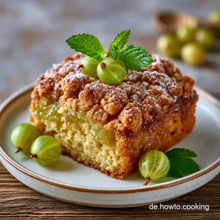 Ein goldgelbes St&uuml;ck Streuselgeb&auml;ck auf einer wei&szlig;en Porzellanplatte, flankiert von hellgr&uuml;nen, gl&auml;nzenden Beeren.
