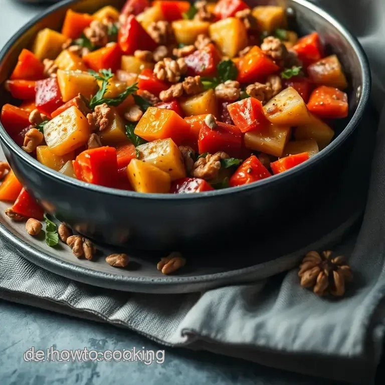 Staudensellerie-Gemüsepfanne mit Nüssen und Cranberries presentation
