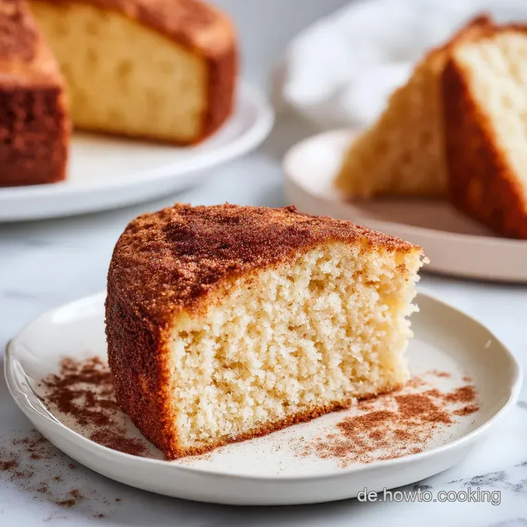 A moist slice of cinnamon cake on a white ceramic plate, featuring a glossy glaze and a light dusting of cinnamon.