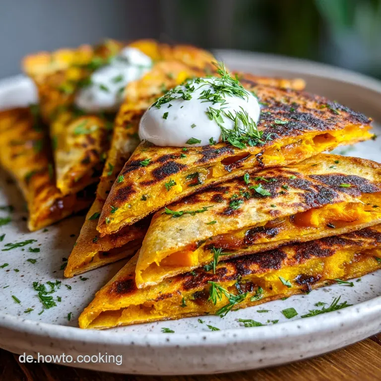 A sweet potato quesadilla halved, revealing a colorful filling, beside a dollop of bright sauce and a sprinkle of fresh ci...