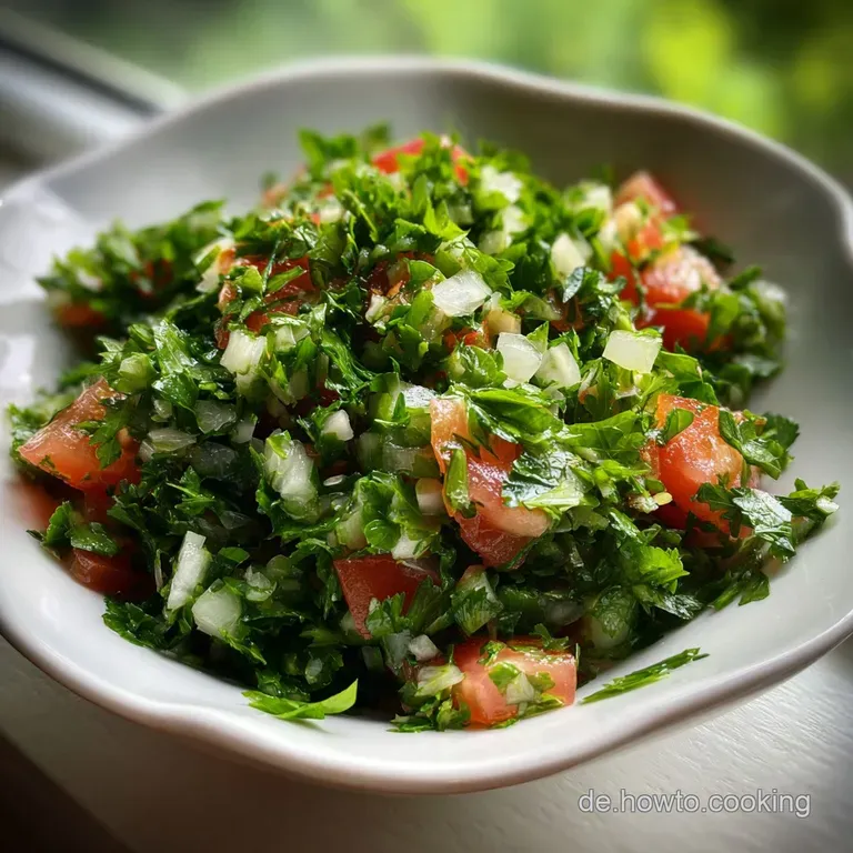 Tabouleh salad elegantly plated, showcasing fluffy texture with lemon wedges. The vibrant green herbs offer a refreshing v...