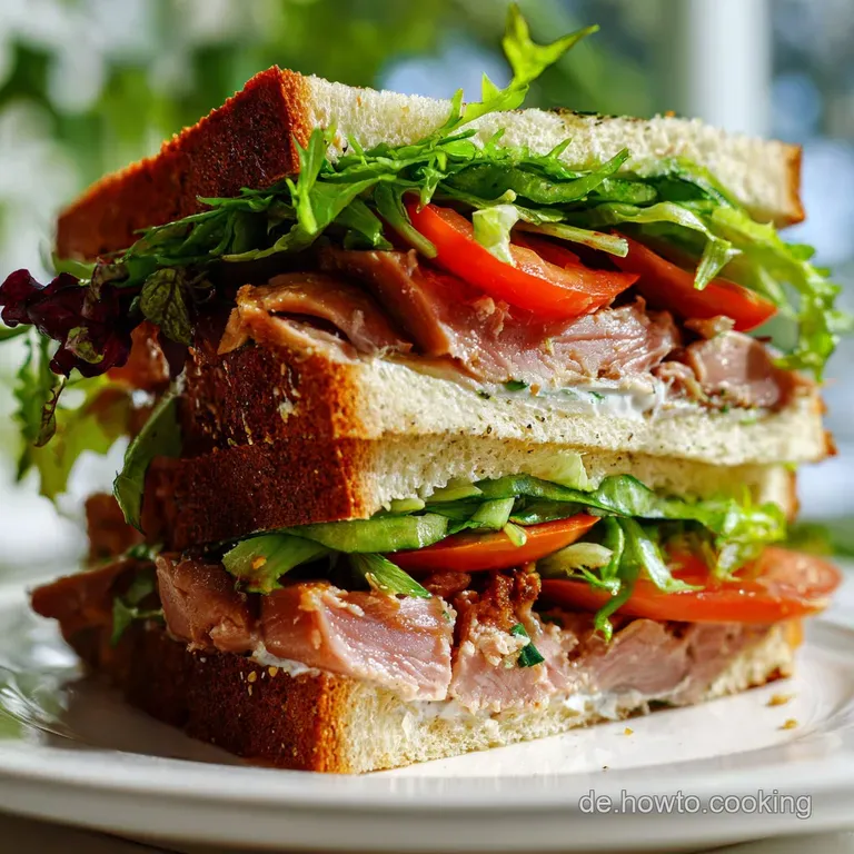 Elegant tuna sandwich quarter on a plate with sprigs of dill. Creamy, light flakes of tuna contrast with the hearty bread.