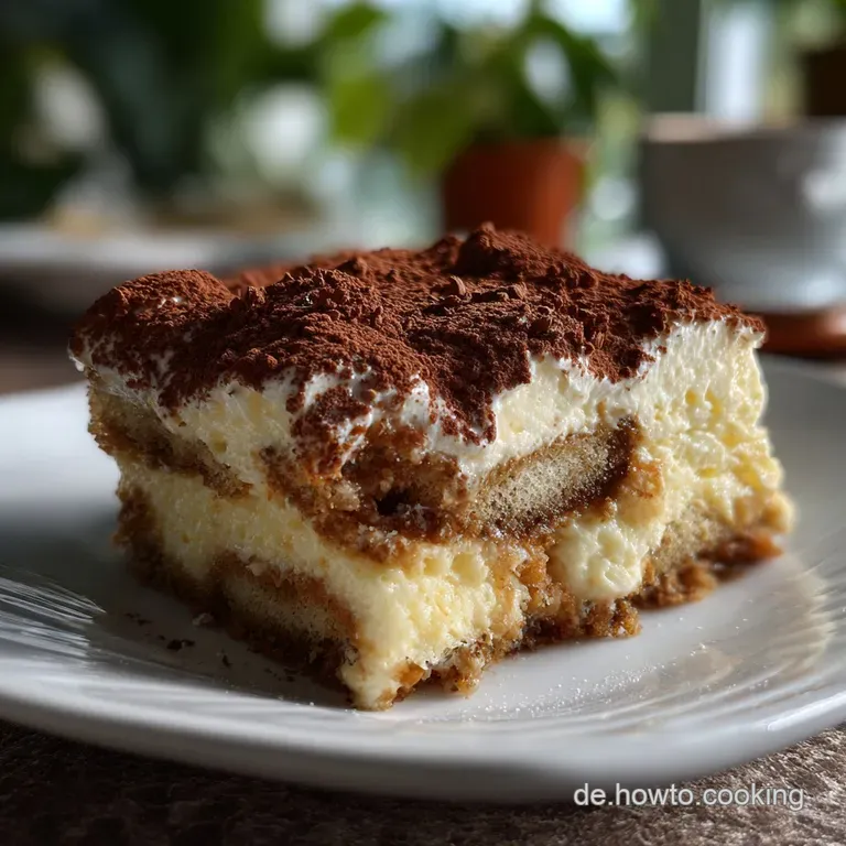 Elegant slices of tiramisu with a light cocoa dusting, showcasing the layered textures. Served on a white plate.