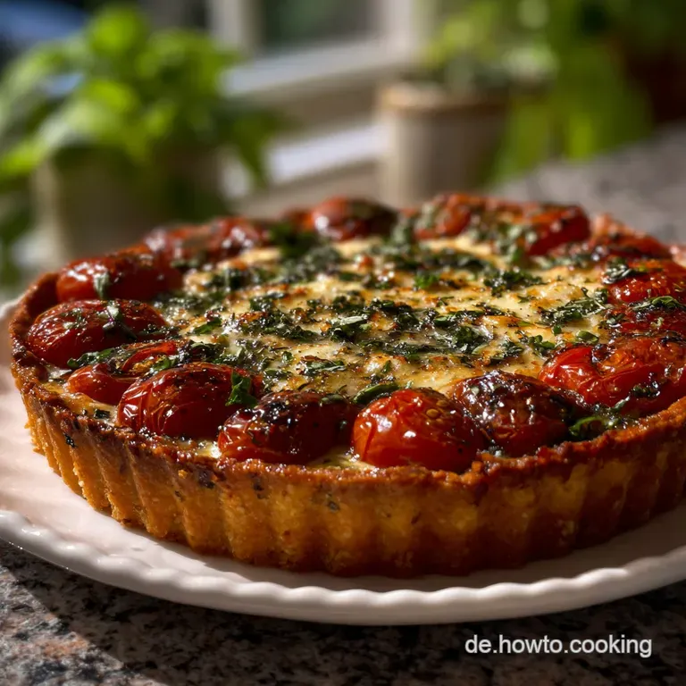 Wedge of tomato tart on a white plate, parmesan crust visible. Basil garnish & balsamic drizzle add color and vibrancy.