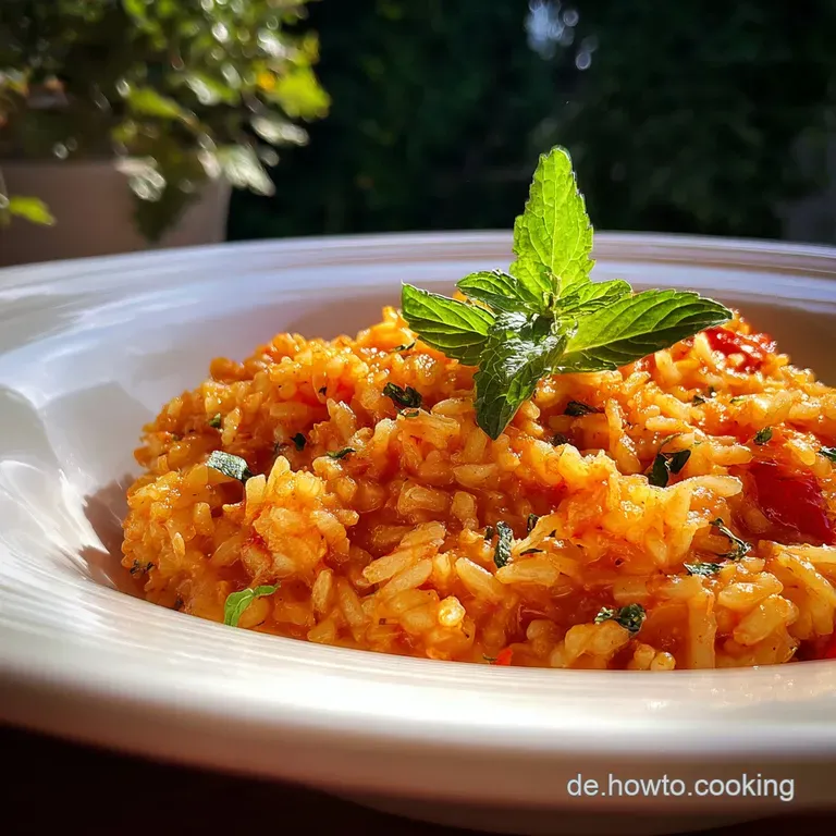 A scoop of bright red tomato rice, garnished with fresh parsley, sits beside grilled chicken. Rustic, flavorful, and invit...
