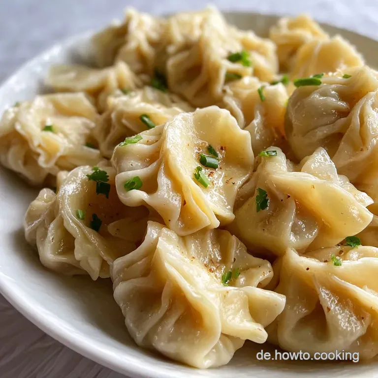 Steaming manti, generously topped with vibrant red pepper flakes and herbs, ready to be enjoyed with a cool, creamy yogurt...