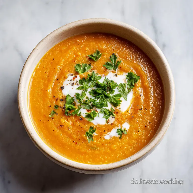 A rustic ceramic bowl overflowing with hearty red lentil soup, garnished with a bright green herb sprig.