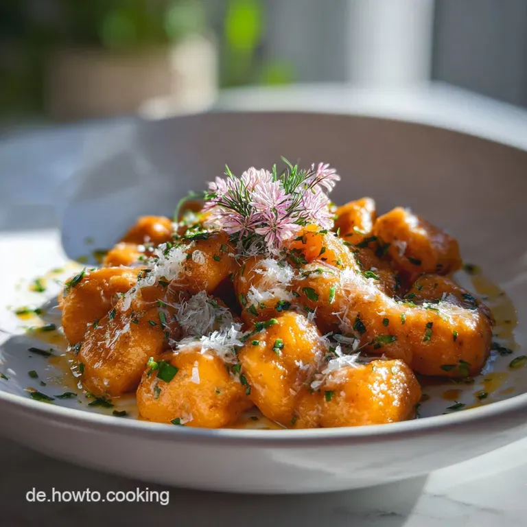 Buttery, soft orange vegan gnocchi artfully arranged on a white plate, drizzled with sauce and topped with vibrant green h...