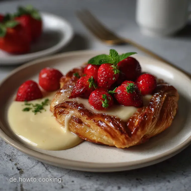 Elegant vegan pastry: layered dough spirals around luscious vanilla cream. Garnished beautifully with fresh berries and a ...
