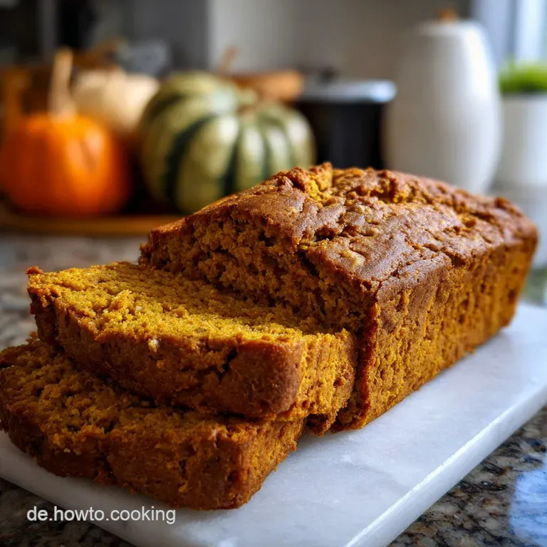 Slice of moist pumpkin bread on a white plate with a dollop of whipped cream. Cinnamon stick garnish. Cozy and inviting.