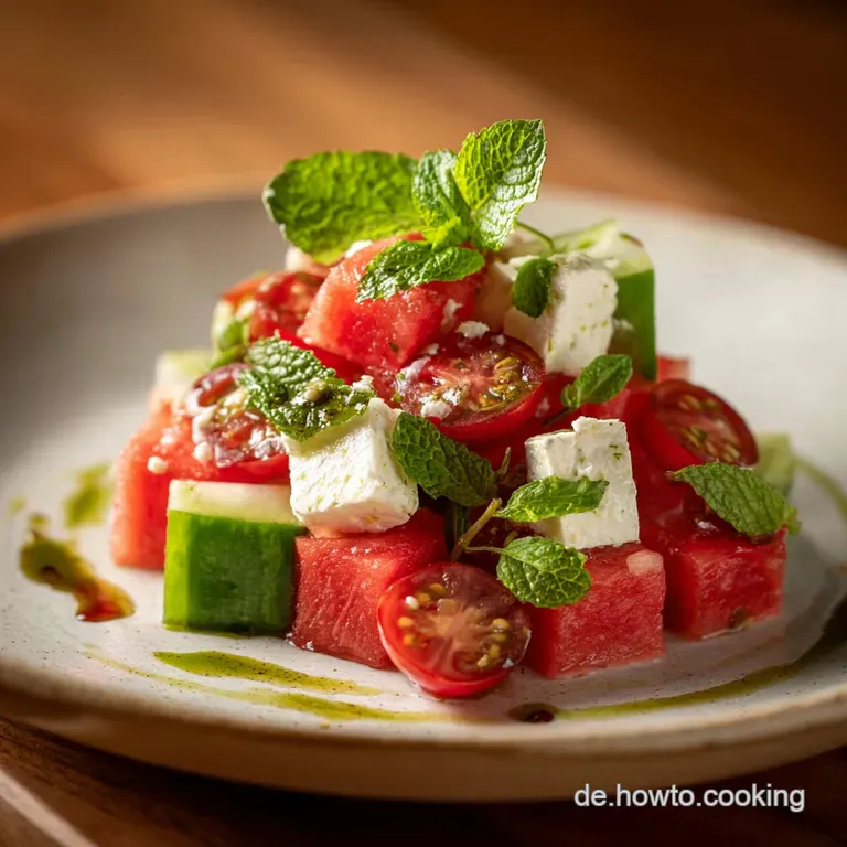 A refreshing watermelon and feta salad artfully arranged on a white plate, dotted with bright green mint.