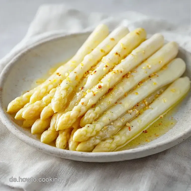 Elegant angerichteter wei&szlig;er Spargel auf einer Platte, gl&auml;nzend von geschmolzener Butter und fein garniert.