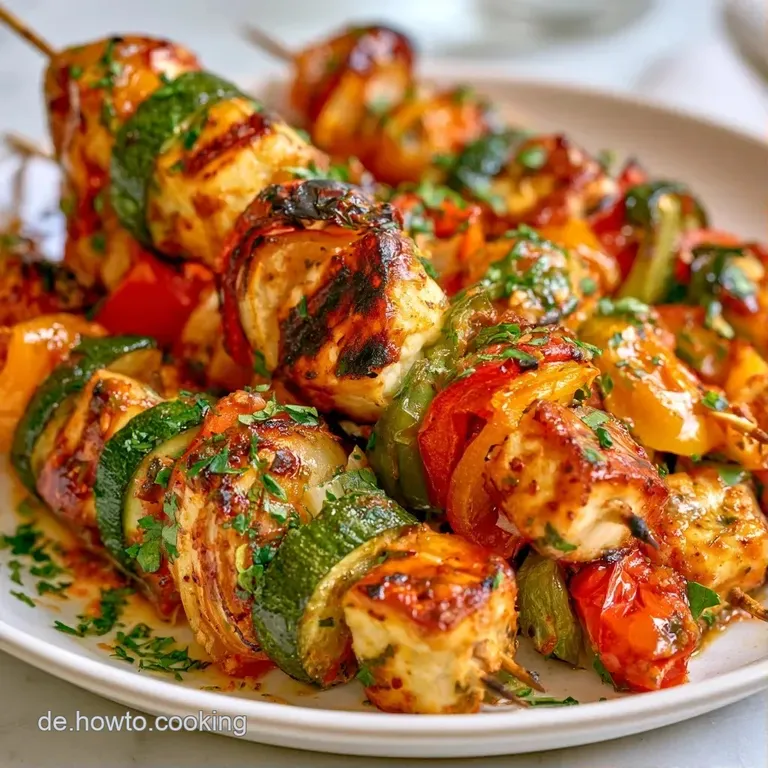 Gegrillte Spie&szlig;e mit roten Paprika und Zucchini auf einer rustikalen Holzplatte, garniert mit frischen, gr&uuml;nen Kr&auml;utern.